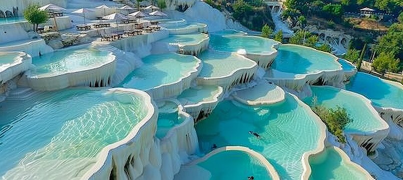 Turquoise thermal pools in pamukkale with mineral rich baby blue waters on white travertine terraces