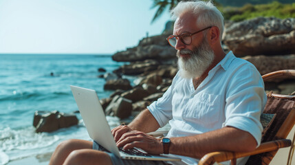 mature man with laptop working outdoors while sitting on bench at seaside.