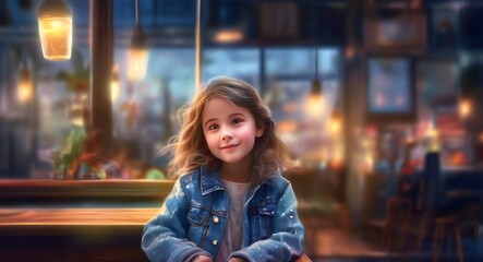 portrait of a woman  kid in the city coffee shop_ ai digital art 