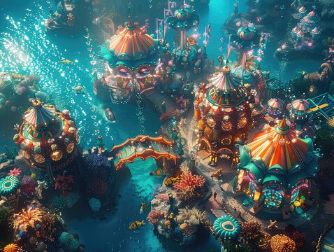 Aerial view of a Undersea Carnival: Picture a vibrant carnival beneath the waves, with mermaids performing acrobatics, sea creatures playing games, and colorful coral rides