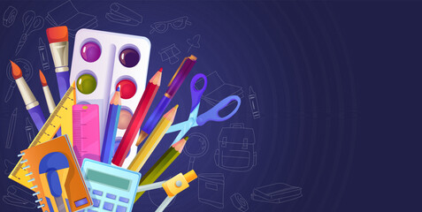 Collection of various school supply. Set of color pencil, pen, brush, scissors, ruler, calculator, palette, notebook. Studying and learning. Sketch around. Dark purple background. Vector illustration