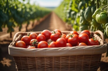 red ripe tomatoes in a wicker basket, against the background of a vegetable garden, tomatoes hanging from a branch, tomato bushes, harvesting, sunny day