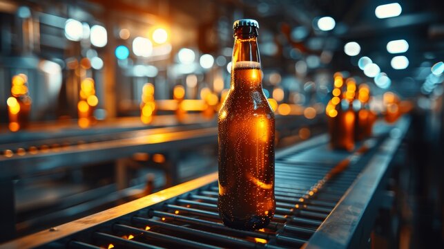 Advanced brewery conveyor line for bottling beer in glass bottles, modern production process - Powered by Adobe