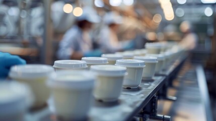 Dairy production line with yogurt containers and employees wearing hygiene caps