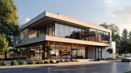 Fototapeta premium Building of official luxury car dealer and service. Glass Office.
