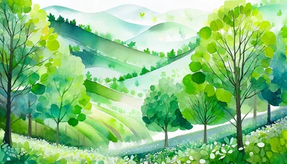 Foto op Canvas 新緑の森の水彩画テイスト,Generative AI AI画像 © bigfoot