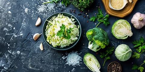 fresh pickled cabbage with ingredients - obrazy, fototapety, plakaty