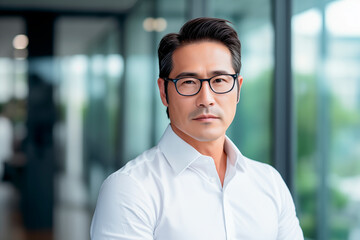 Japanese mature businessman standing proud in the office