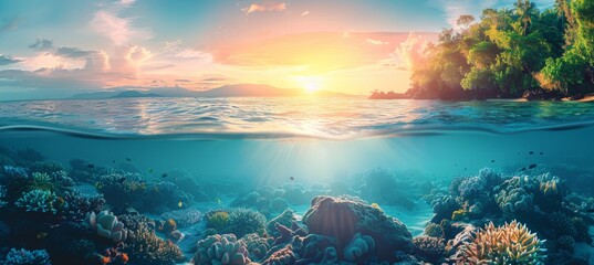 Great barrier reef golden hour sunset split view coral marine ecosystem seascape wallpaper - obrazy, fototapety, plakaty