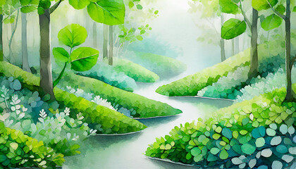 新緑の森の水彩画テイスト,Generative AI AI画像 - obrazy, fototapety, plakaty