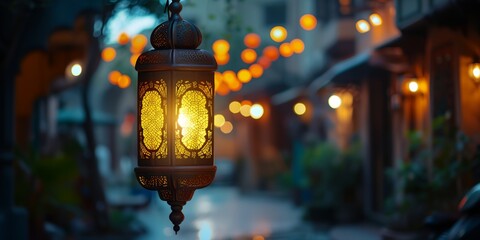 Arabic Ramadan lantern, greeting Eid Mubarak card for Muslim Holidays