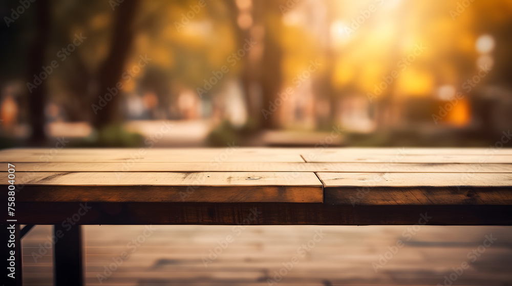 Poster empty wooden table in front of blur background