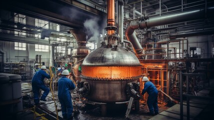 Craftsmanship at brewery  workers inspecting golden brew in traditional beer production facility - Powered by Adobe