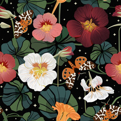 Night garden of nasturtiums and Garden Tiger moths. Summer seamless vector pattern