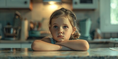 girl with a sad expression sitting in the kitchen