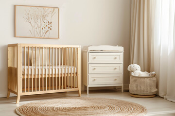 Nursery room with a wooden crib, horizontal template poster, changing table, and soft toys on a beige wall background, a beige rug on the floor, a white chest of drawers next to a window