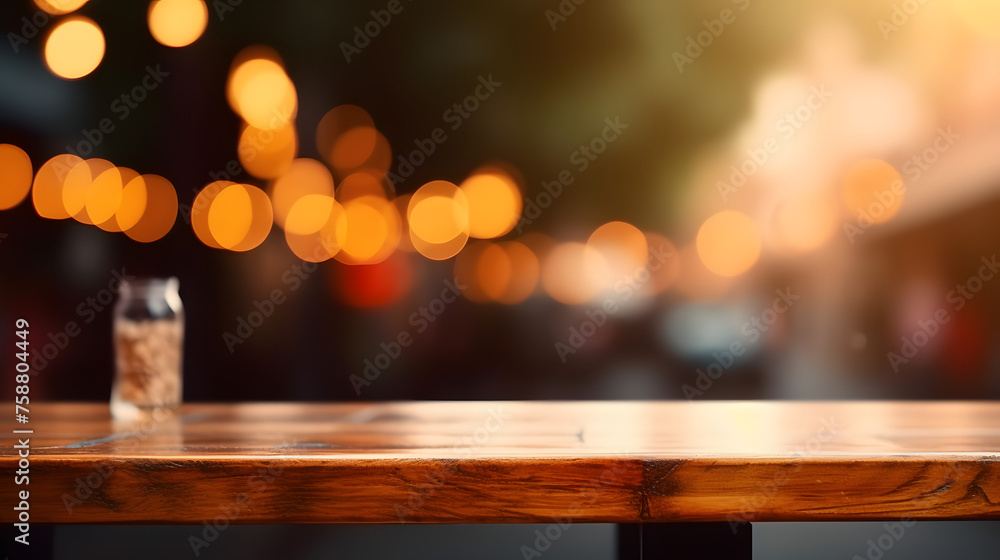 Poster empty wooden table in front of blur background
