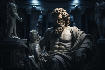 Fototapeta premium Mysterious ancient greek, roman male stoic statue, sculpture in dramatic lighting, shadows highlighting the impressive muscular build and classical beauty. 