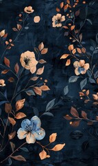 Somber indigo colors floral poster design. Boho style dark charcoal, deep rust and sky blue flowers wallpaper. Botanical home decor artwork. Muted dark colors background design concept.