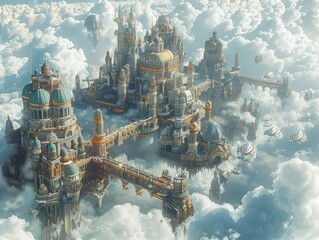 Aerial view of a Floating City in the Sky: Visualize a city floating among the clouds, with gravity-defying architecture and airships docking at towering spires