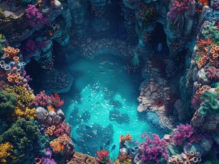 Aerial view of a Mermaid Lagoon: Imagine diving into a lagoon inhabited by mermaids, with colorful coral reefs, underwater caves, and schools of tropical fish