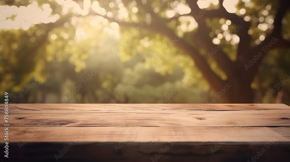 Aufkleber empty wooden table in front of blur tree background