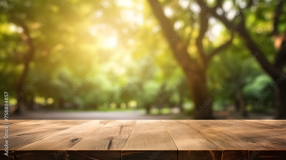 Poster empty wooden table in front of blur tree background