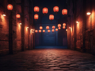 Dark room, old brick wall decorated with night lanterns. Empty street scene, neon light. Night view...