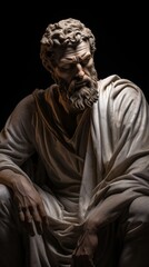 Mysterious ancient greek, roman male stoic statue, sculpture in dramatic lighting, shadows highlighting the impressive muscular build and classical beauty. 