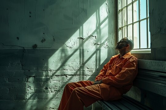 prisoner in orange jumpsuit sitting in prison