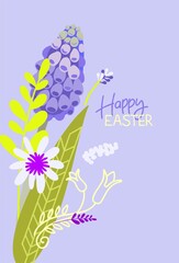Happy Easter card (poster) on a holiday theme. Trendy design with typography, spring hand-drawn botanical elements and Easter symbols in bright colors. Minimalist style of modern art.