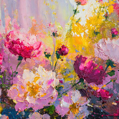 Obraz na płótnie Canvas An acrylic-painted floral meadow, depicted with abstract brushstrokes, offers a unique artistic style. The scene bursts with vibrant colors and dynamic strokes, capturing the essence of a lively meado