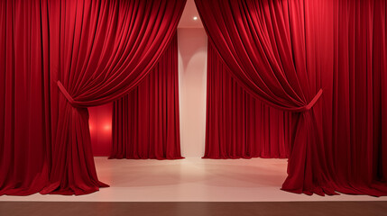 Intérieur design d'une maison ou appartement avec de longs rideaux rouges en velours. Élégant, luxe, classe. Pour conception et création graphique.