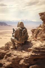 Fototapeta na wymiar sniper soldier on a rock in the desert