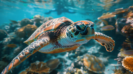 Obraz premium sea turtle near the reefs