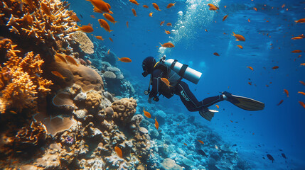 scuba diver in the ocean among the reefs