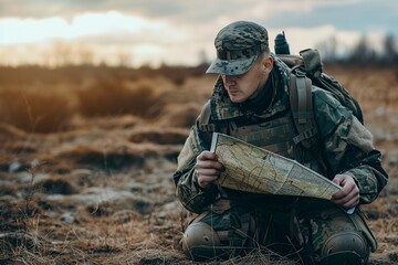 soldier with a map planning the route or tactics of the battle - obrazy, fototapety, plakaty