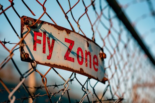 barbed wire fence with a sign that says: No, flight zone
