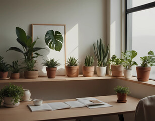 Sunny modern home office with views plants, AI Generation