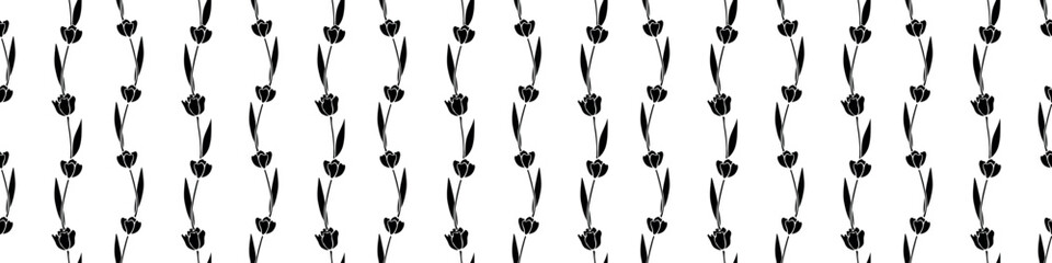 Vector seamless pattern with black flat tulip flowers. Hand drawn cute texture, backdrop for wrapping paper, textile. Topic of spring, summer, nature