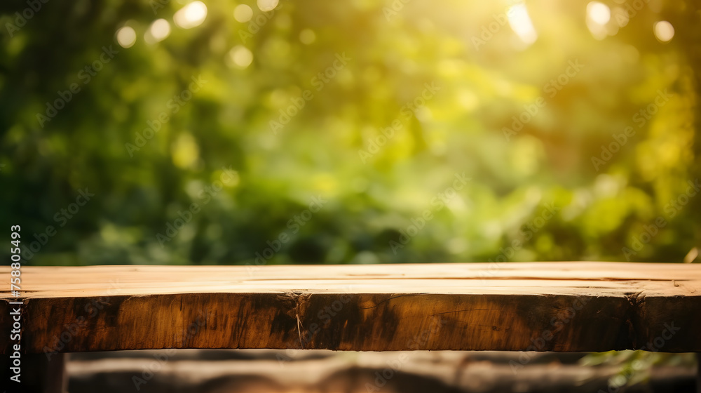 Aufkleber empty wooden table in front of blur tree branch background