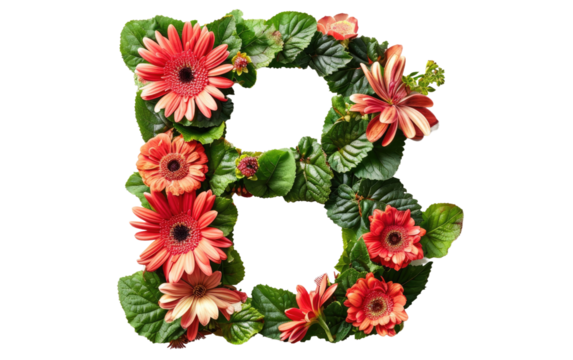 B Letter Blossoms in Verdant and Crimson Petals isolated on transparent Background