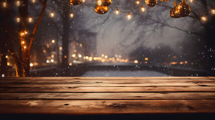 Empty wooden table in front of Christmas background