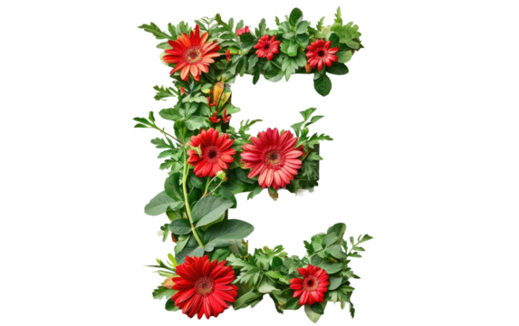 Floral Fusion: E in Green and Red isolated on transparent Background