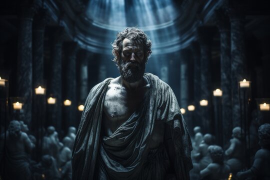 Mysterious ancient greek, roman male stoic statue, sculpture in dramatic lighting, shadows highlighting the impressive muscular build and classical beauty. 