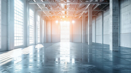 Empty Industrial Warehouse: Modern Architecture with Concrete Flooring and Metal Structures in a Spacious Interior