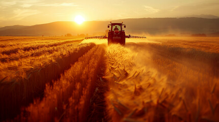 Fototapeta premium The wheat harvester is working on the field. Agricultural combine harvester machine harvests a field of golden ripe wheat. Agriculture, natural products.