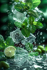 Mint lime, ice. Concept of cooling drinks, summer majito.