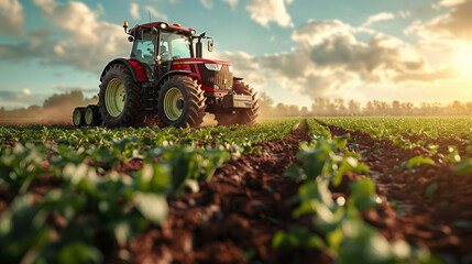 A tractor sprays pesticides on a field. Concept of natural products and agriculture. - obrazy, fototapety, plakaty