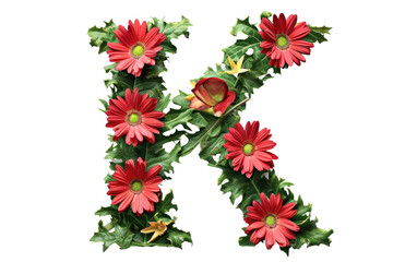 Verdant Crimson Blossoms: Letter K in Focus isolated on transparent Background